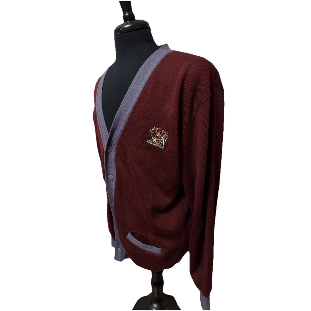 Vtg Robert Bruce Crest Cardigan Sweater Men's L Burgundy Gray Grandpa Core